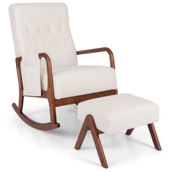 Fauteuil à Bascule - RELAX4LIFE - Dossier Haut Capitonné - Accoudoirs et Poche Latérale - Repose-Pieds - Charge 150KG - Beige