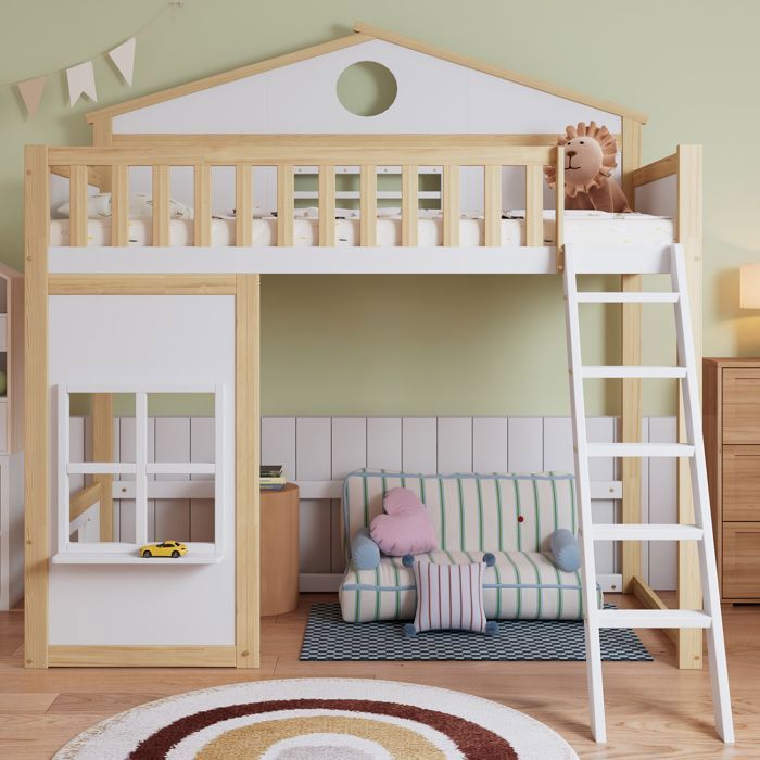 Lit Enfant 90x200 cm avec Escalier et BarrièRes Lit Cabane avec Toit et FenêTres Cadre en PinLit Mezzanine Blanc + Naturelle