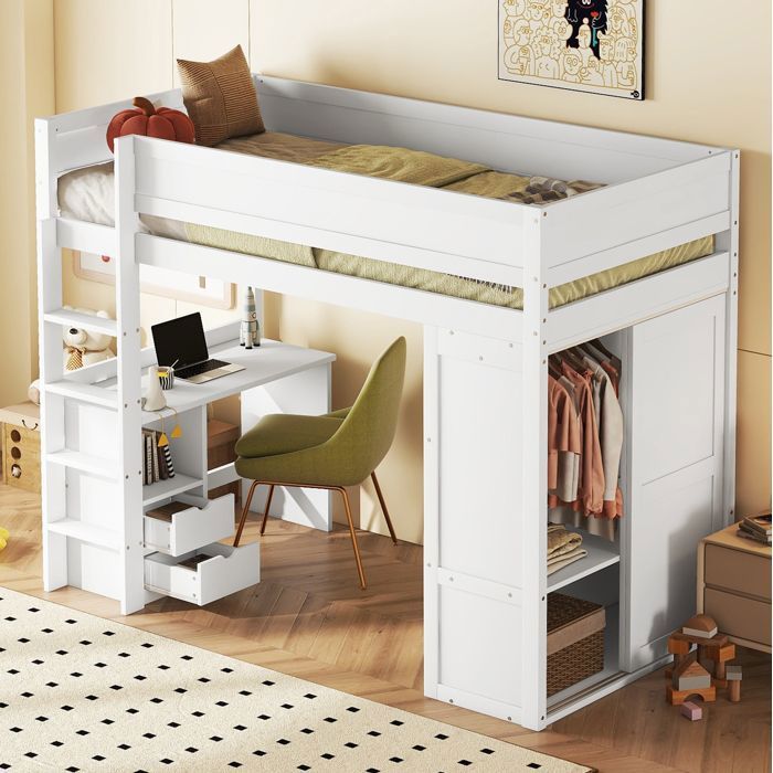 Lit Mezzanine Blanc avec Bureau Penderie Escalier et Tiroirs Lit Haut pour Enfant 90x200 cm