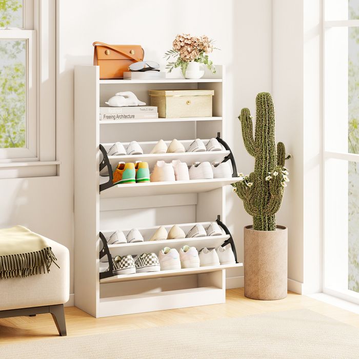GIANTEX Meuble à Chaussures en Bois à 4 Niveaux-Portes Rabattables-Étagères Réglables et Amovibles-60 x 24 x 102 cm-12 paires-Blanc