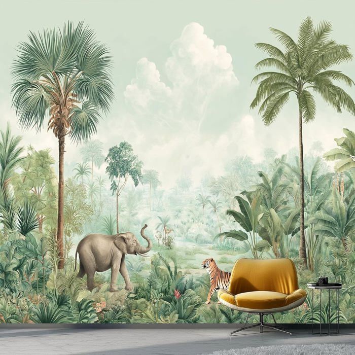 Papier Peint Panoramique Aquarelle Animaux de la jungle Palmiers ...
