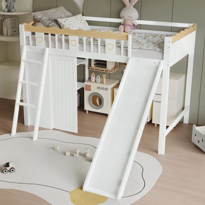 Lit Mezzanine enfant en bois-90x200cm -lit bebe avec glissière armoire et placardclôture à quatre côtés blanc + nature