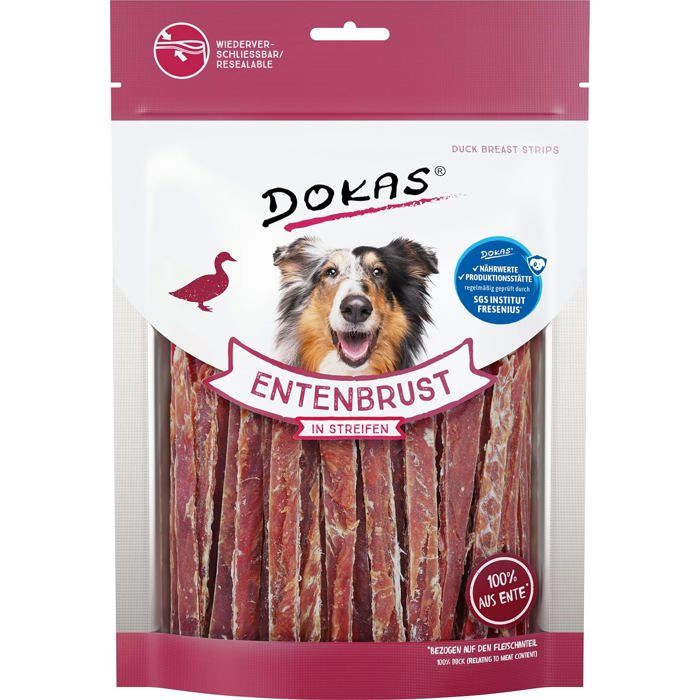 Friandise pour chien - DOKAS - Filet de canard - 100% filet séché à lair - Sans céréales/soja/gluten - 8x250g Friandise pour chien - DOKAS - Filet de canard - 100% filet séché à lair - Sans céréales/soja/gluten - 8x250g