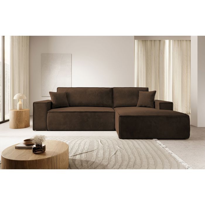 Canapé dangle en forme de L avec fonction de couchage - FARESE NEW - en velours côtelé - marron- côté droit Canapé dangle en forme de L avec fonction de couchage - FARESE NEW - en velours côtelé - marron- côté droit