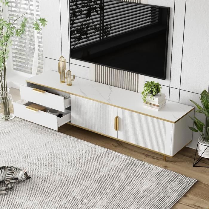 Merax Meuble TV Blanc et Doré 175 cm avec Tiroirs et Portes - Banc TV Moderne avec Texture Sculptée et Pieds Dorés Merax Meuble TV Blanc et Doré 175 cm avec Tiroirs et Portes - Banc TV Moderne avec Texture Sculptée et Pieds Dorés