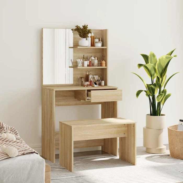 Ensemble de coiffeuse - vidaXL - Chêne Sonoma - 745x40x141 cm - Miroir inclus - Tabouret 70x35x45 cm