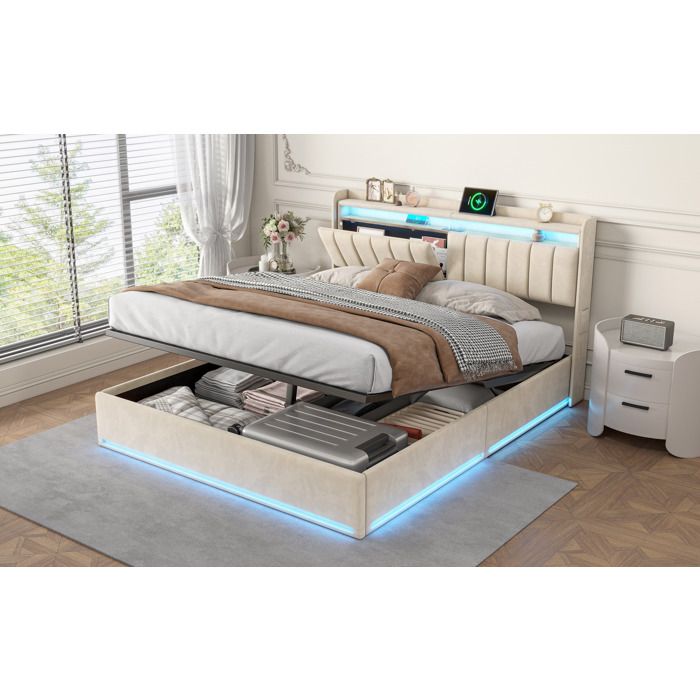Lit coffre 140x190 Lit 140 x 190 avec sommie Table de chevet extensible LED réglable Chargement USB et Type-C velours Beige