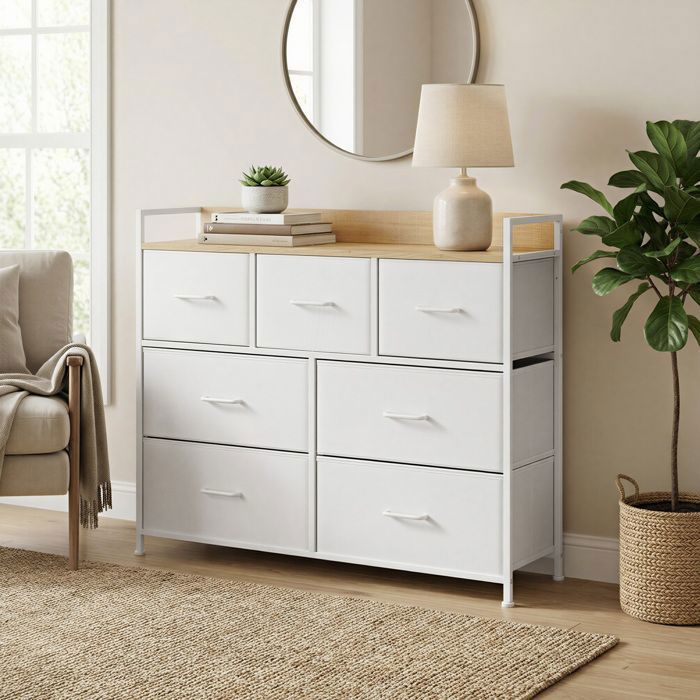 Commode 7 Tiroirs en Tissu Cadre en Métal Style Moderne Blanc et Beige