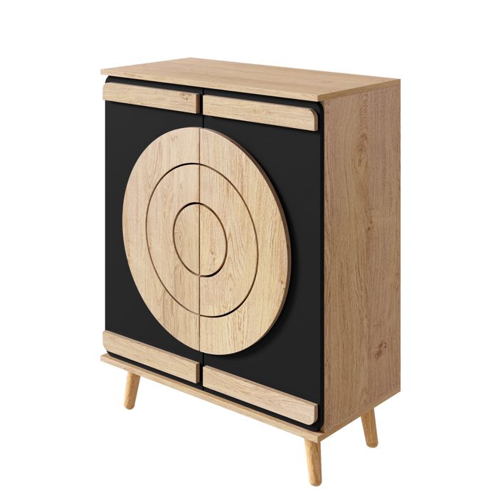 BELLEMAVE Meuble à Chaussure à 4 étages Meuble de Rangement avec Portes Géométriques Rondes Pieds Bois 76x37x98.5cm Noir+Naturel