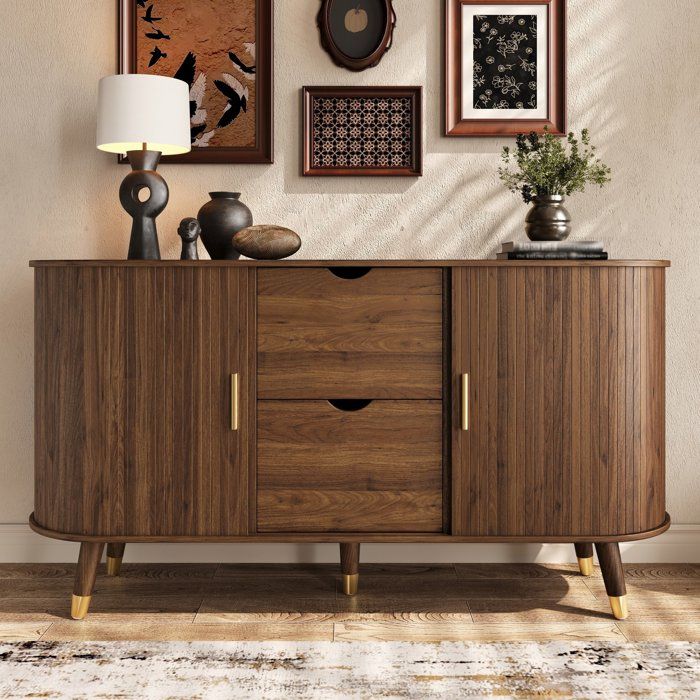 Buffet avec portes coulissantes 140x40x79.5cm avec étagères réglables et plateau arrondi Meuble de Rangement commode à vaisselle