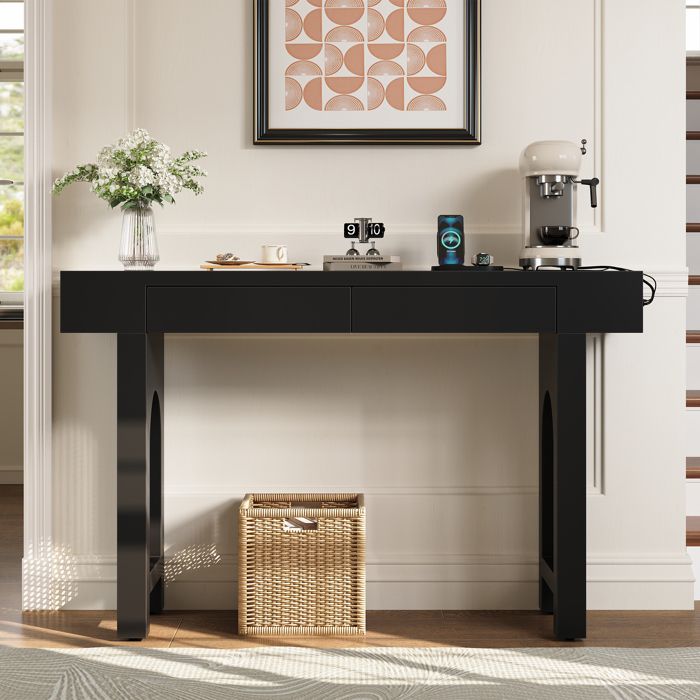 Table Console Moderne avec Tiroirs et Prises USB Meuble d’Entrée pour Salon ou Couloir 120x355x765 cm - Noir