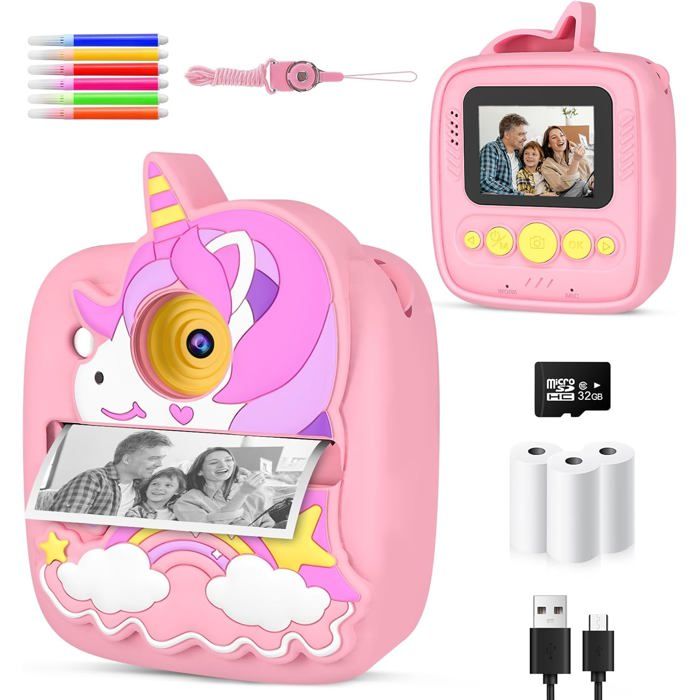 Appareil Photo Instantané Enfant 48MP 1080p – Impression Instantanée – 32 Go + 3 Rouleaux – 5 Jeux éducatifs – Rose – Cadeau 3-14 Ans