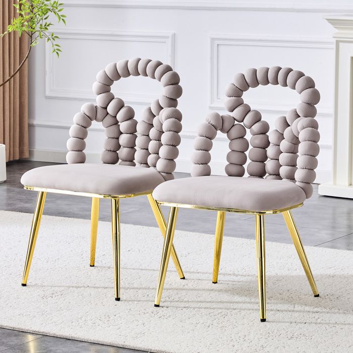 LPOSPI Chaise lot de 2 velours avec dossier à perles et pieds métal robuste salon ou salle à manger gris clair