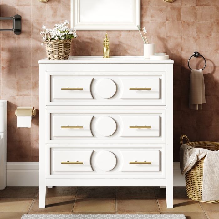 Meuble de salle de bain blanc rétro 81x465cm avec lavabo en céramique 3 tiroirs fermeture douce meuble libres