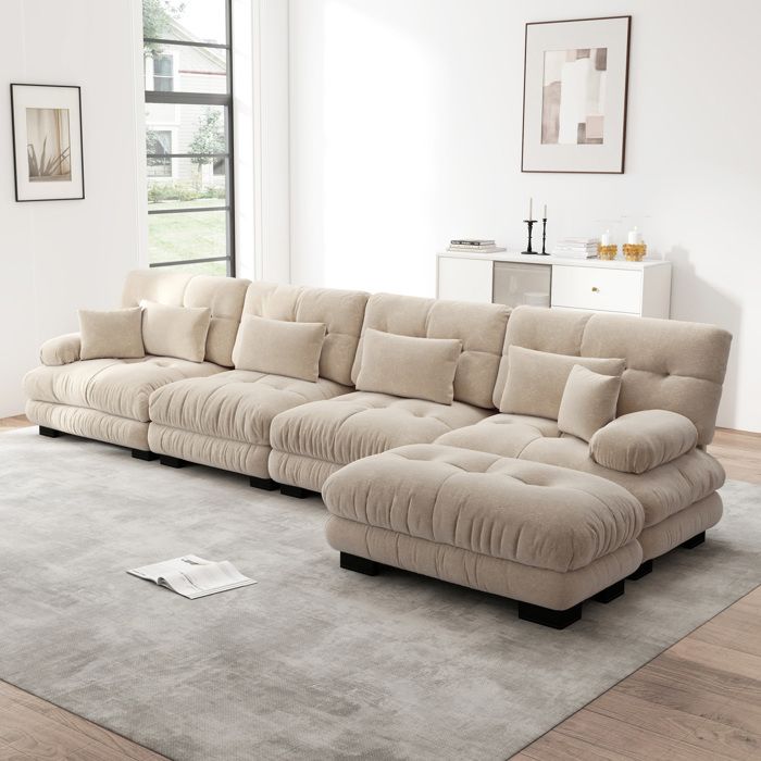 Canapé d’angle modulable 4 places café clair en chenille ottomans mobiles style nuage