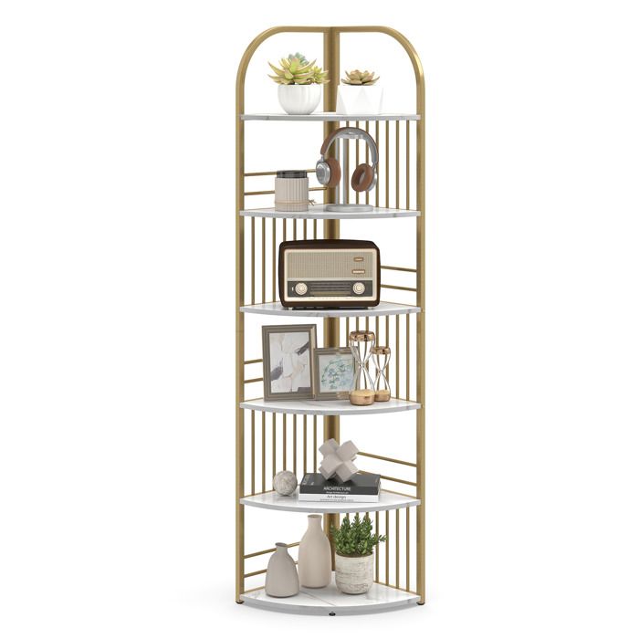 Meuble Étagère dAngle à 6 Niveaux 181 5 cm COSTWAY Présentoir Vertical Support de Plantes pour Salon Chambre Bureau Blanc et Or