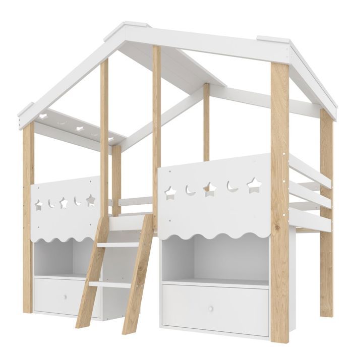Lit Mi-Hauteur-Maison Blanc&Naturel 90x200cm-2 Tiroirs-LED-Design Mezzanine-Sans Matelas Lit Mi-Hauteur-Maison Blanc&Naturel 90x200cm-2 Tiroirs-LED-Design Mezzanine-Sans Matelas