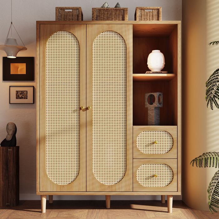 Armoire 120x44x161 cm 2 portes 2 tiroirs étagères ouvertes et penderie style campagne - bois chêne - Naturel
