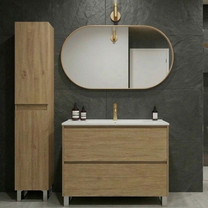 Ensemble meuble vasque L.100cm + 1 colonne sur pied 2 tiroirs Chêne naturel LISBONA Ensemble meuble vasque L.100cm + 1 colonne sur pied 2 tiroirs Chêne naturel LISBONA