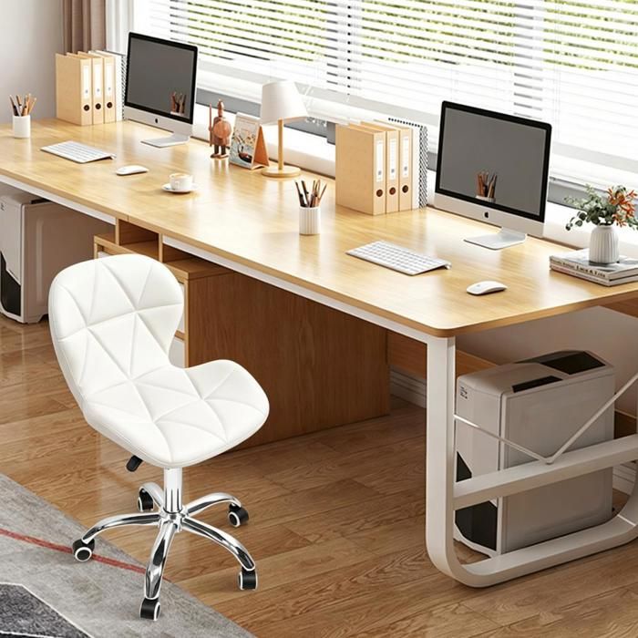 LVHCMFOHM Chaise de Bureau Ergonomique en Simili Cuir Blanc Hauteur Réglable 73-88cm Base Métallique avec Roues Design Diamant