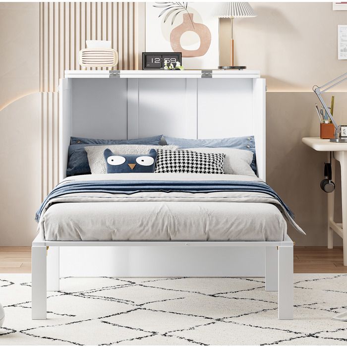 Lit Escamotable 1 Place 90 × 200 cm Vertical avec Structure Pliante et Rangement Sans Matelas Bois Blanc - UVRION