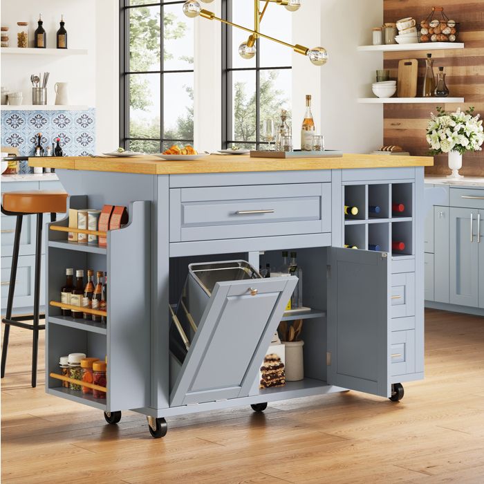 Desserte de cuisine 143x45x91 cm EVRYAE - plateau rabattable rangement avec tiroirs et porte-bouteilles - Bleu
