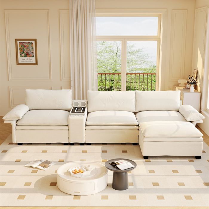 DRIPEX Canapé dangle modulable de 315cm Canapé en chenille en L avec chargeur sans fil haut-parleur lampe porte-gobelets pouf Beige