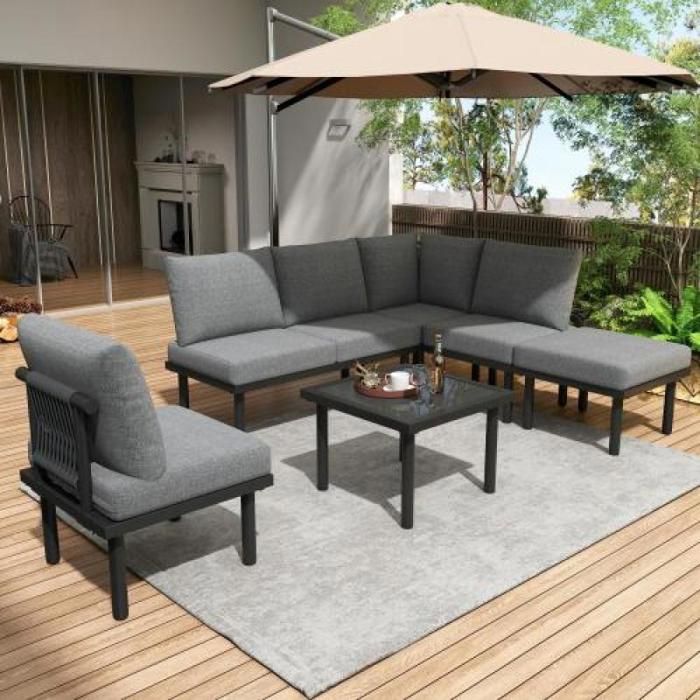 Canapé jardin convertible Ensemble lounge extérieur 6 pièces en corde grise tressée cadre en fer galvanisé pieds réglables plat