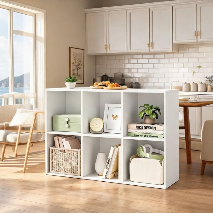 Étagère en bois dingénierie finition blanc 6 cubes rangement modulable pour salon ou bureau style contemporain