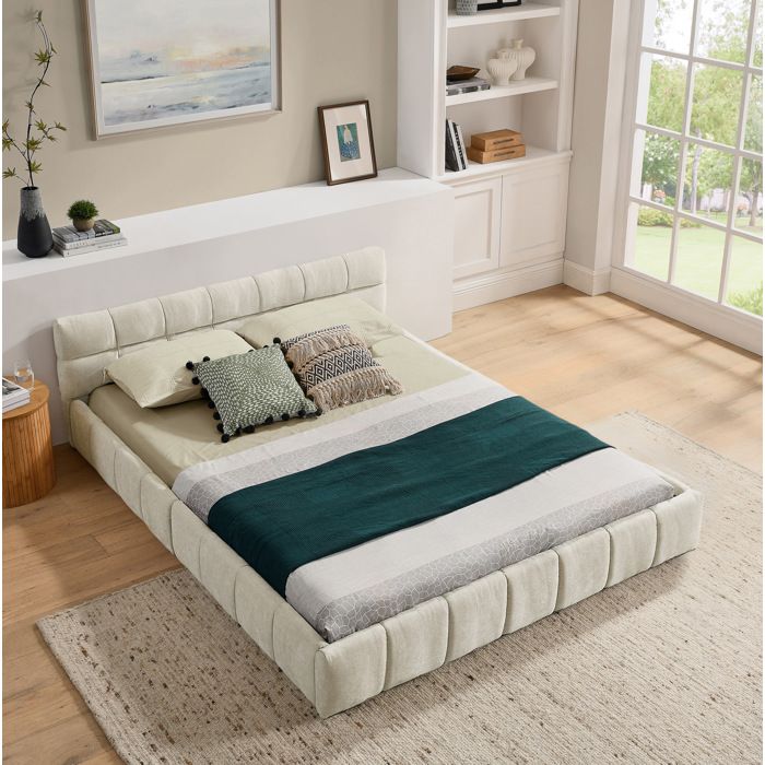 Lit double rembourré 140 x 200 cm en chenille beige avec sommier à lattes bois d’eucalyptus et fer