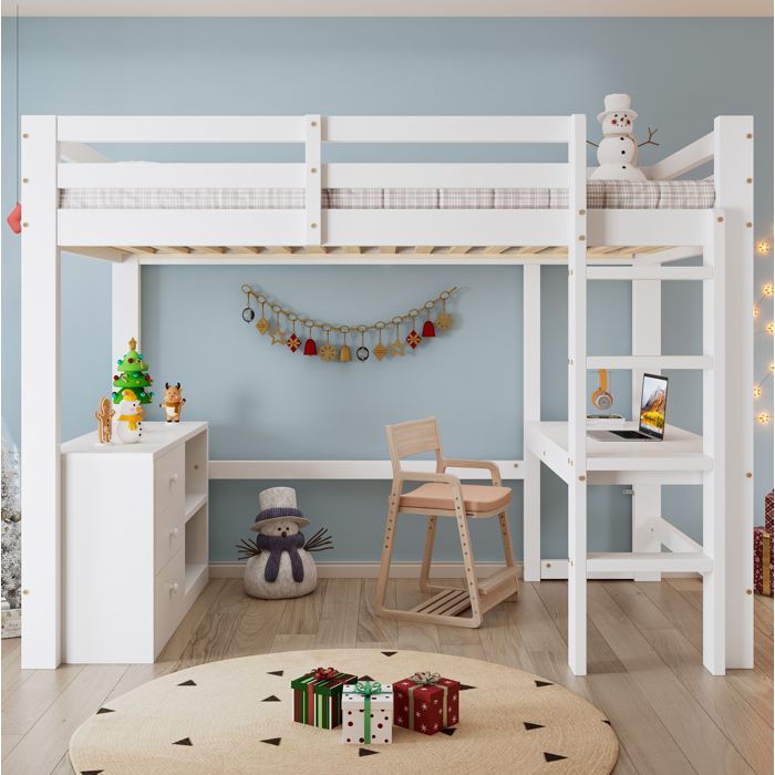 WOVREO Lit mezzanine enfant 90x200 cm avec bureau tiroirs étagère et échelle 4 marches blanc