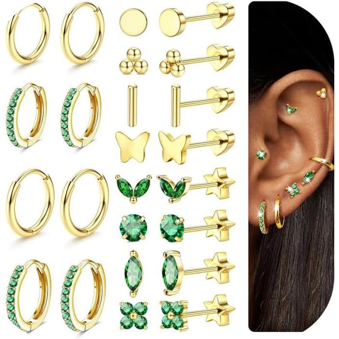 12Paires Boucles DOreilles Femme Piercing Oreille Acier Inoxydable 316L Doré Boucles DOreilles Créoles Cœur Étoilé Double [PP306]
