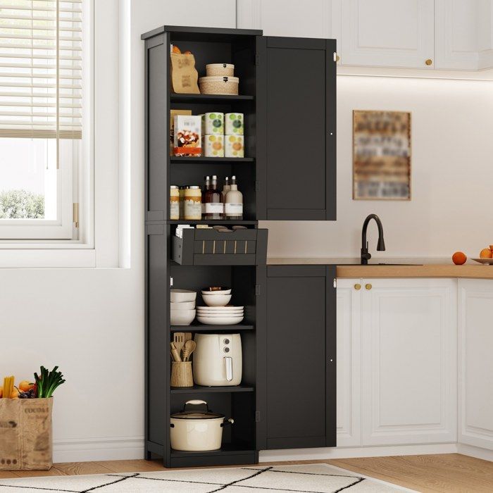 MEUBLIV Armoire de cuisine 170 cm avec 2 portes 1 tiroir et 4 étagères réglables MDF noir