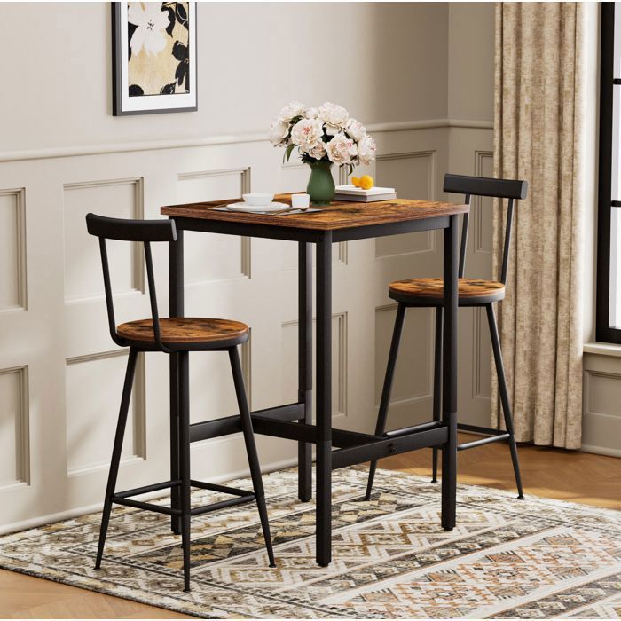 ROVRYN Ensemble bar table haute 60 x 60 x 92 cm avec 2 chaises à dossier style industriel brun rustique et noir