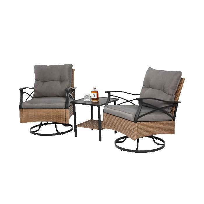 Salon de jardin 3 pièces marron avec table et 2 fauteuils à bascule rotatifs en résine tressée mobilier extérieur terrasse