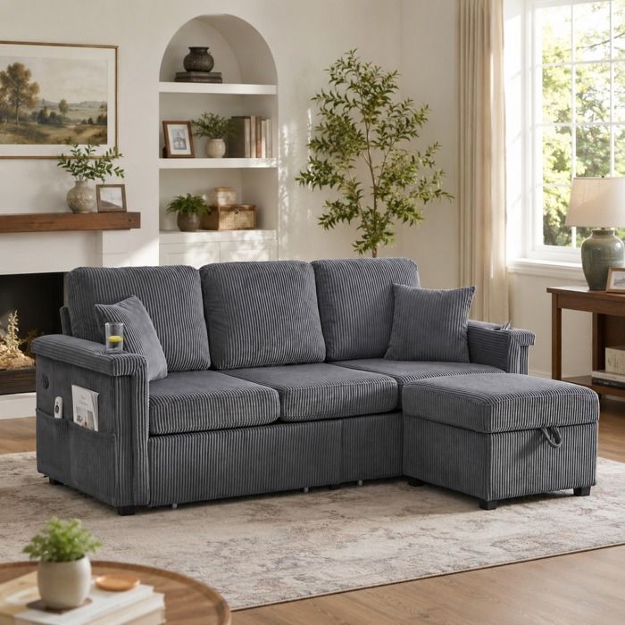 Canapé dangle 4 places - Canapé Modulable avec USB/Type-C - Repose-pieds inclus - 2 tiroirs de rangement -Corduroy - Gris Foncé
