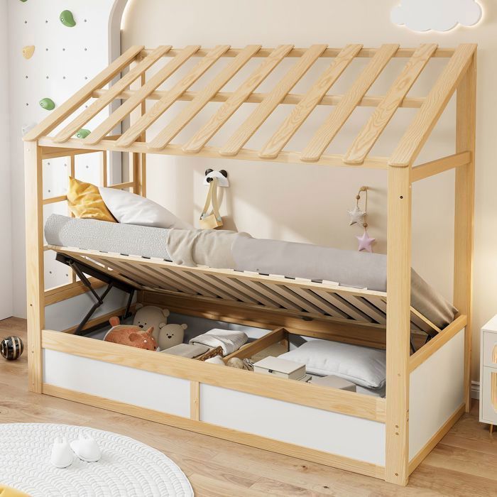 Lit Cabane - WESTYLE - Lit Cabane Enfant 90x200 - Coffre hydraulique - Étagères latérales - Bois blanc et naturel