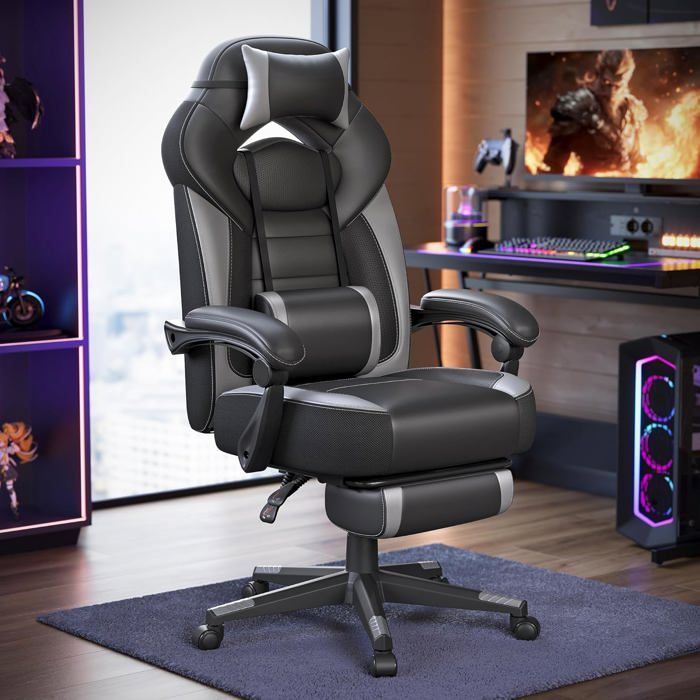 Chaise Gaming Ergonomique avec Repose-Pieds Appui-Tête Réglable Support Lombaire Charge 150 kg Noir/Gris