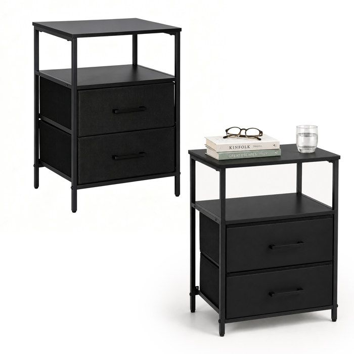 Relaxdays Table de chevet noir lot de 2 2 tiroirs et 2 étagères H x l x P : 61 x 38 x 28 cm table dappoint