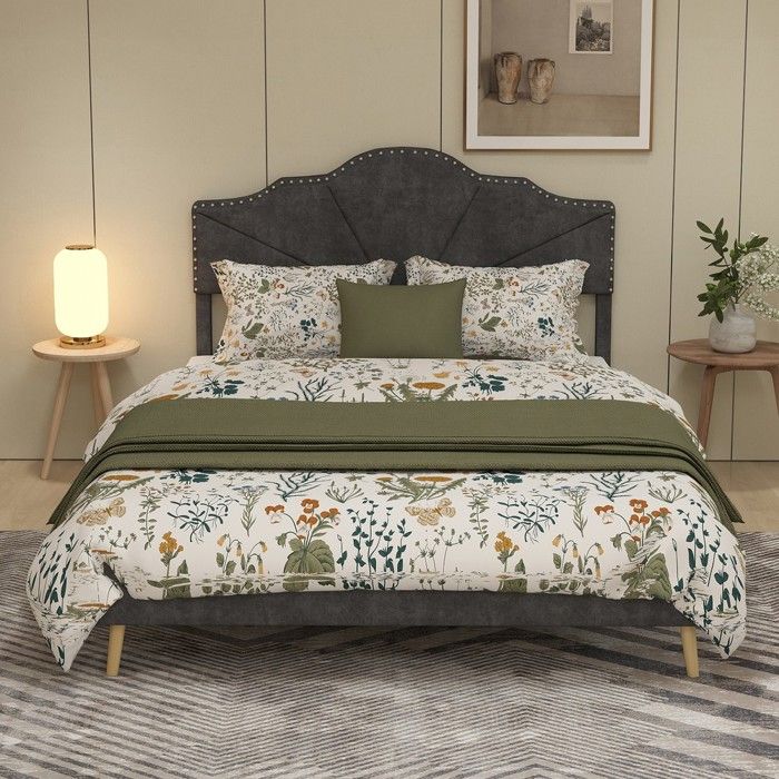 Lit rembourré gris 160x200cm avec tête de lit confortable cadre de lit coffre moderne pour chambre