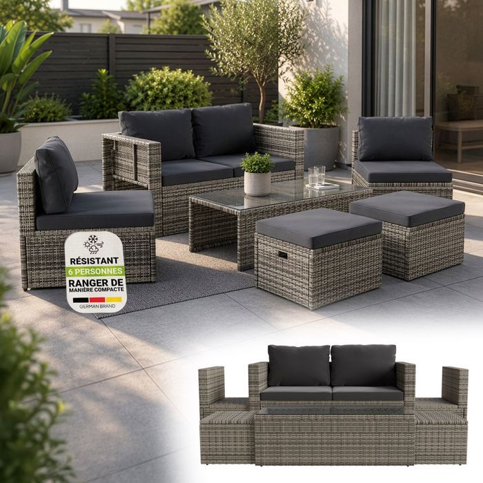 Juskys Salon de jardin lounge Salou en polyrattan gris – ensemble de mobilier extérieur