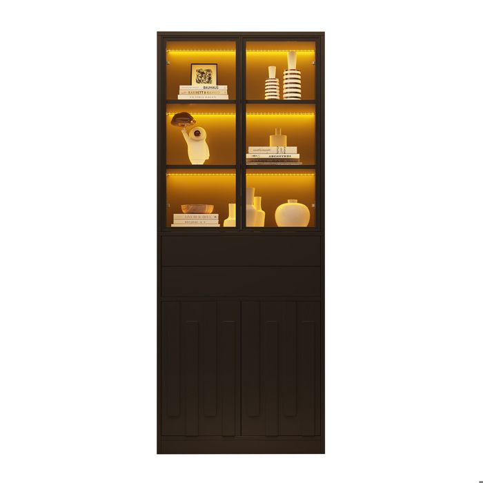 Vitrine équipée de 2 tiroirs meuble haut avec portes vitrées meuble haut vitré avec éclairage LED noir 70 × 34 × 180 cm