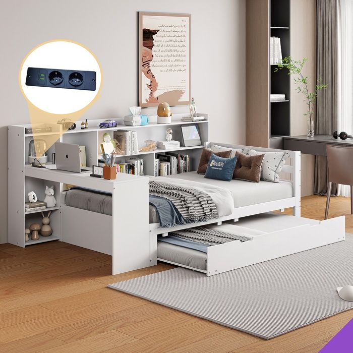 Lit coffre 90x200 en bois massif blanc avec bureau étagères et rangements lit escamotable avec prise intégrée