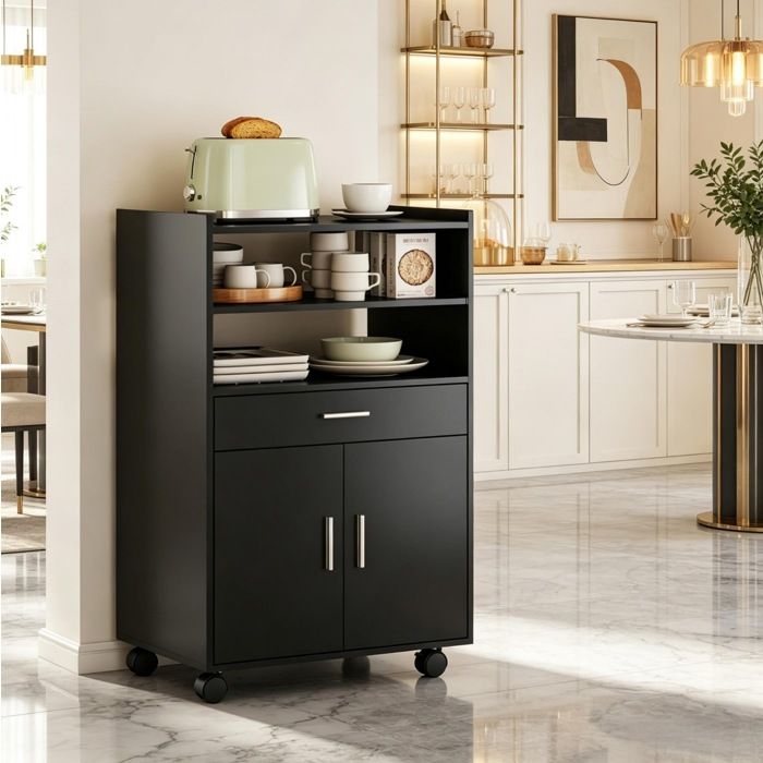 Meuble de cuisine mobile sur roulettes – Noir – MDF – pour micro-ondes tiroir et placard