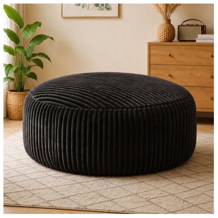 WOVREO Fauteuil bean bag rond 6FT noir en velours côtelé mousse à mémoire de forme 143 x 143 x 55 cm