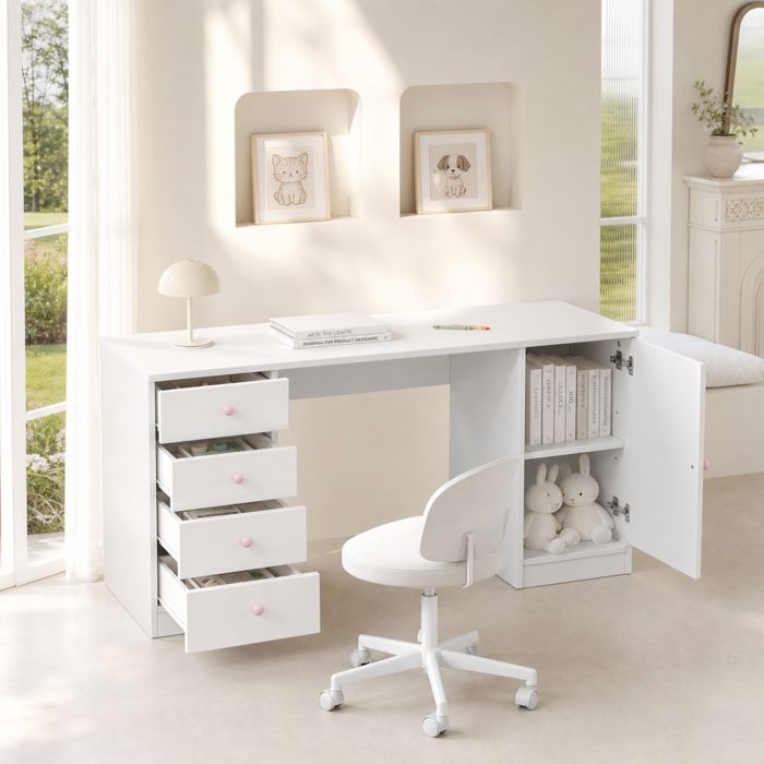 Bureau enfant 155x45x74 cm avec 4 tiroirs étagère de rangement et poignées en céramique rose MDF blanc