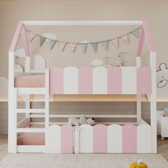Piaenon - Lit superposé 90x200 cm Lit cabane Lit fille avec barrières hautes et porte - Bois - rose