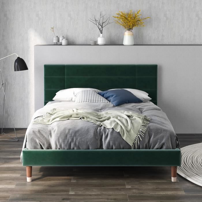 lit capitonné moderne 140x200 cm avec sommier à lattes - tête de lit capitonnée - velours - aapaas - vert foncé