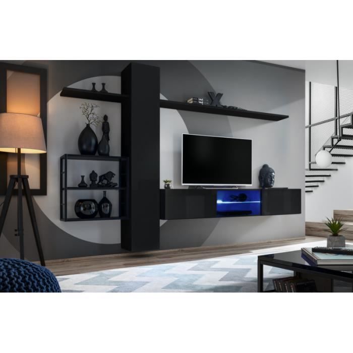 ensemble meuble tv mural switch met v - ac-déco - noir - contemporain - design - laqué