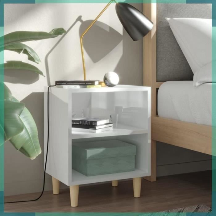 ASHATA Tables de chevet pieds en bois 2 pcs Blanc brillant 40x30x50 cm -FHE805792